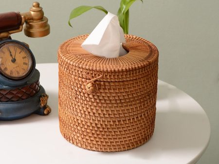 ZJH01 Circle Shape Restaurant Desktop Rattan Braided Tissue Storage Box Case Sale